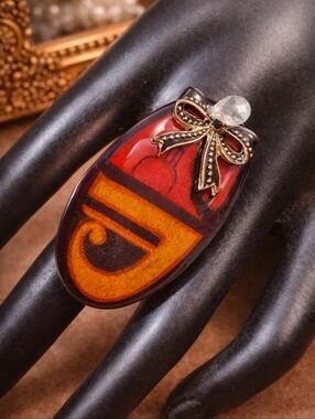 Vintage Russian Folk Art Hand Painted Ring Red Lacquer Enamel Adjustable